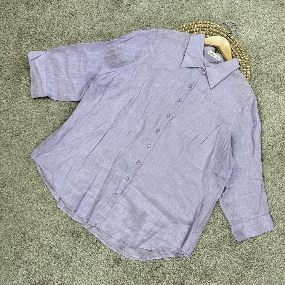 Coldwater Creek Women’s 100% Linen Button Down Shirt 3/4 Sleeve in Purple 2X